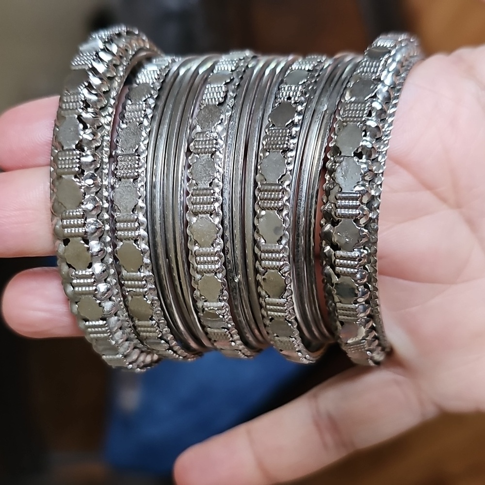 Pakistani steel Silver-Tone Stacked Bangle Bracelet Set - Women
